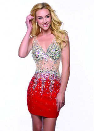 Fitted V Neck Beaded Satin Knee Length Cocktail Dress